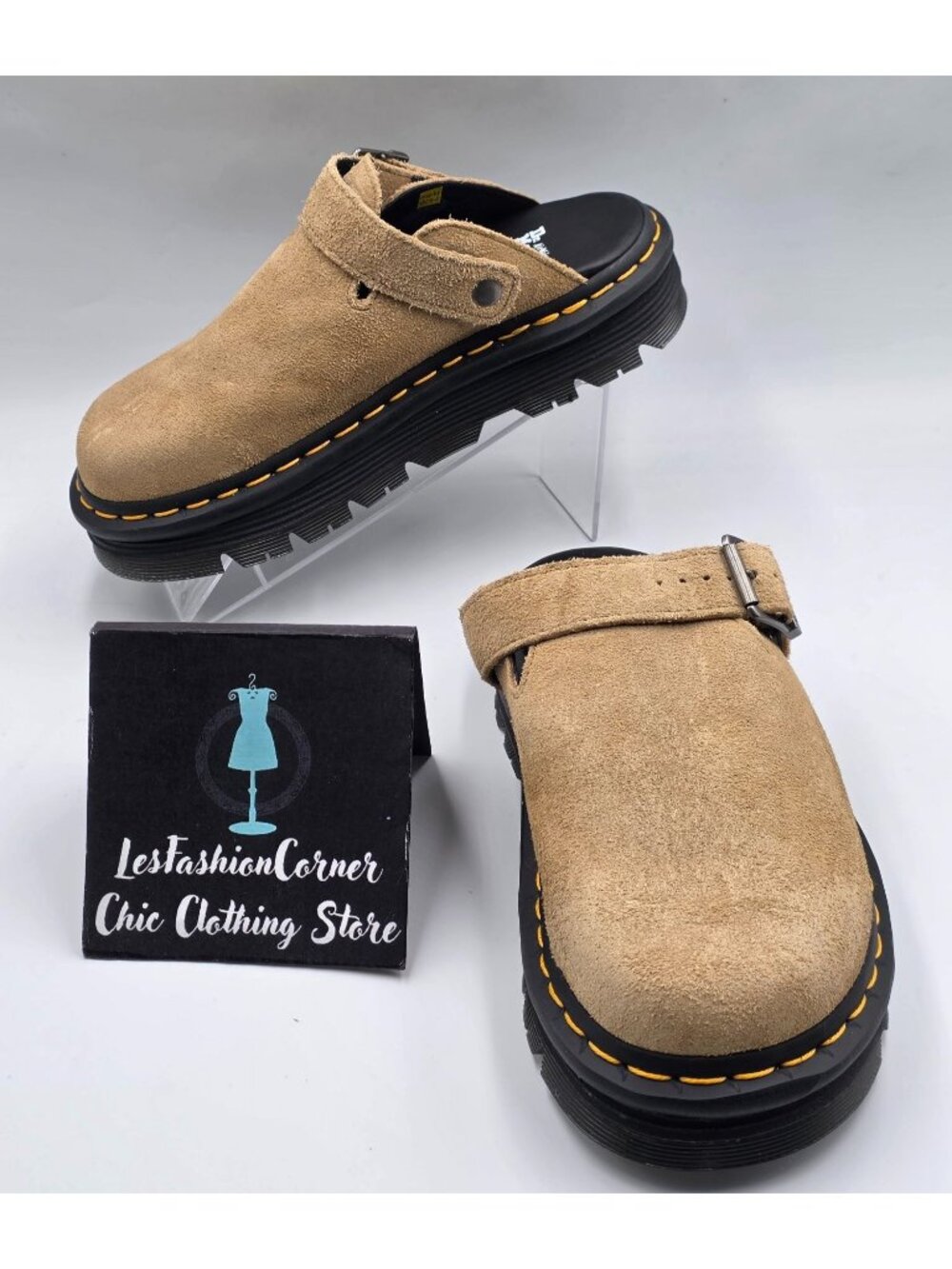 NWOB Dr. Martens Women Beige Suede Zeb Zag Slip-On Platform Mule Shoes Sz 7 3977